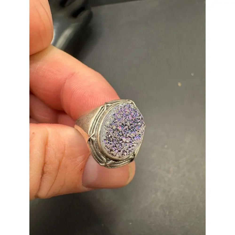 Vintage Purple Druzy Quartz Ring Sterling Silver 925 NB Signed Size 8